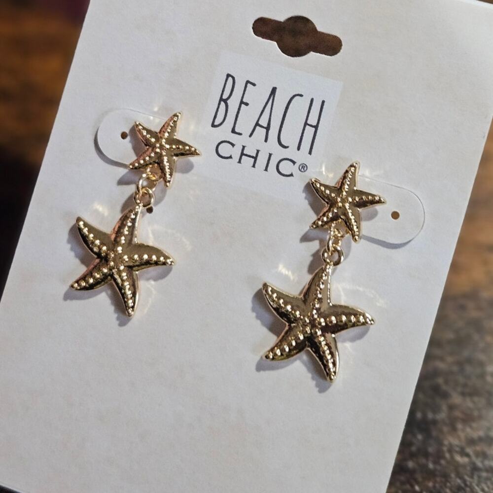 Beach Chic Gold Tone Double Starfish Drop Earrings Coastal NWT